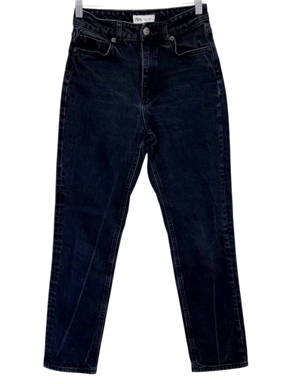 ZARA High Rise Straight Leg Black Faded Denim Cropped Jeans Size 4